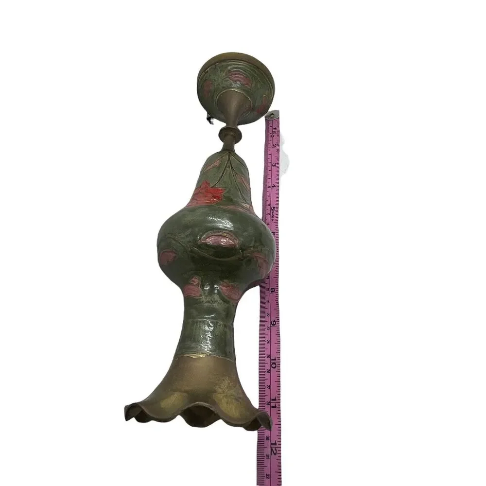 Brass Enamel Vase Footed Fluted Top Green Pink Cream Vintage MCM Retro Decor - Picture 15 of 16